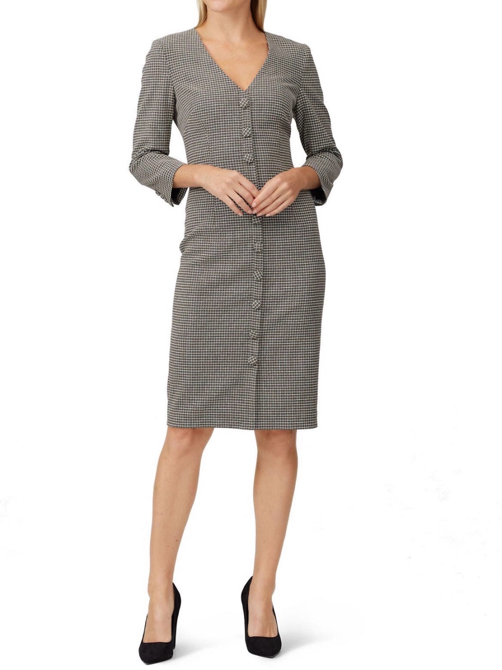 Badgley Mischka Black And White Houndstooth Button-Front Midi Dress